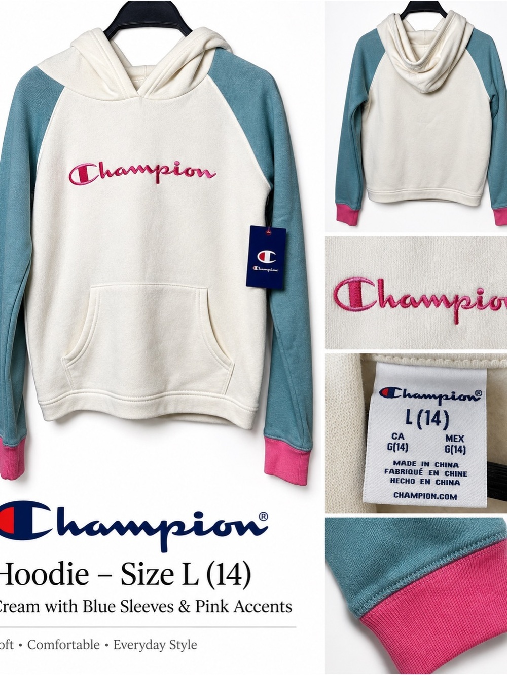 Champion GIRLS Large Hoodie Cream and Teal with Pink Accents, Embroidered Logo,